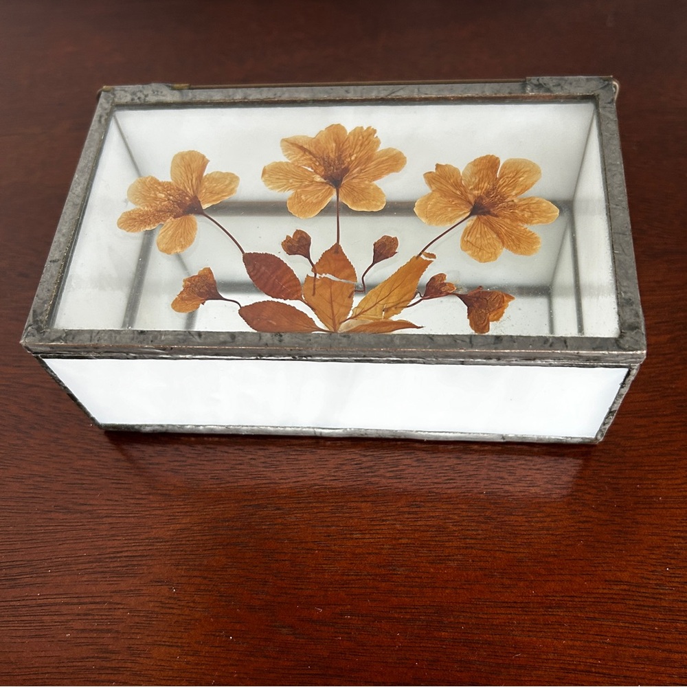 Glass/Metal Leaded Trinket Jewellery Box Pressed Flowers